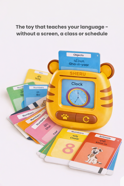 Sheru the Tiger screen-free language learning toy for Indian children with Gujarati Hindi Punjabi flashcards